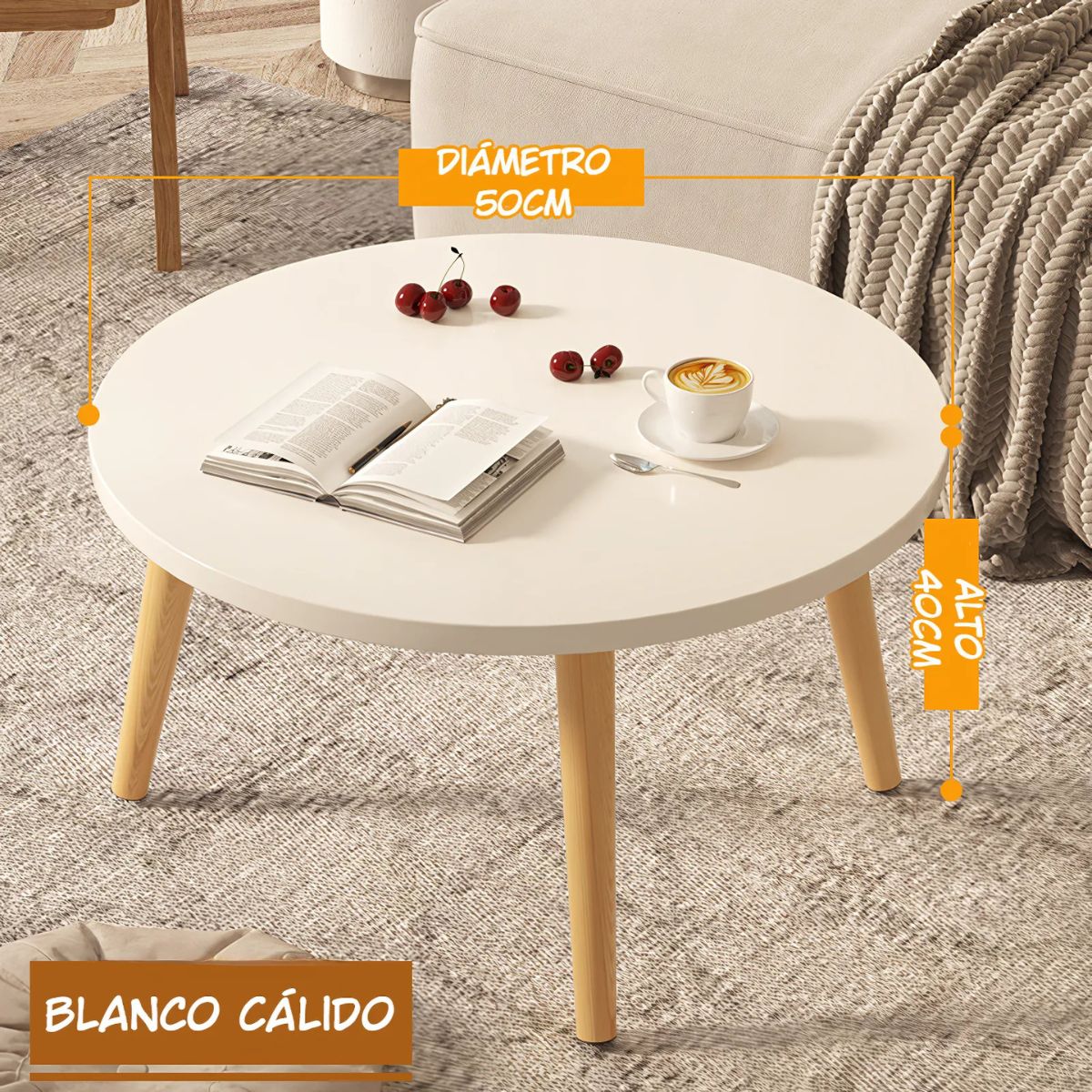 Mesa Auxiliar Redonda. Color Blanco Cálido 50x40 cm. Patas de madera