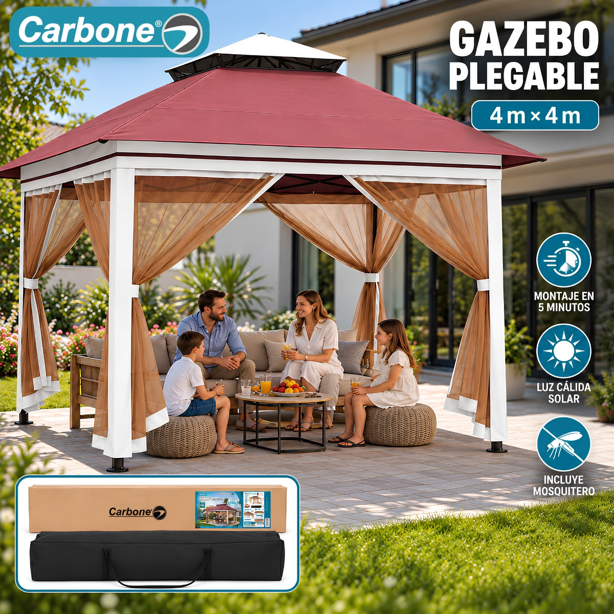 Gazebo toldo Plegable 4x4M con Malla Antimosquitos e Iluminación Cálida solar. Tolda para Exteriores.