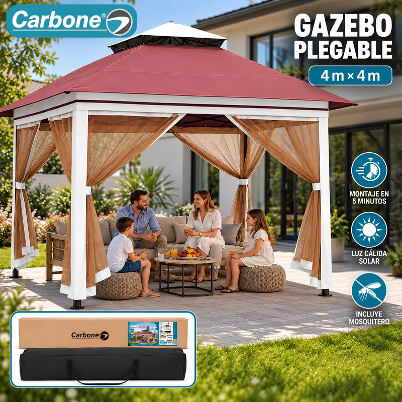 Gazebo toldo Plegable 4x4M con Malla Antimosquitos e Iluminación Cálida solar. Tolda para Exteriores.