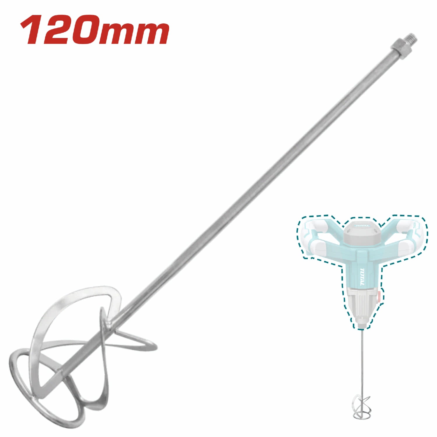 Barra Mezcladora Espiral Invertida 120mm x 600mm Con Rosca 5/8"-11 UNC. Para Taladro o Batidor Industrial.