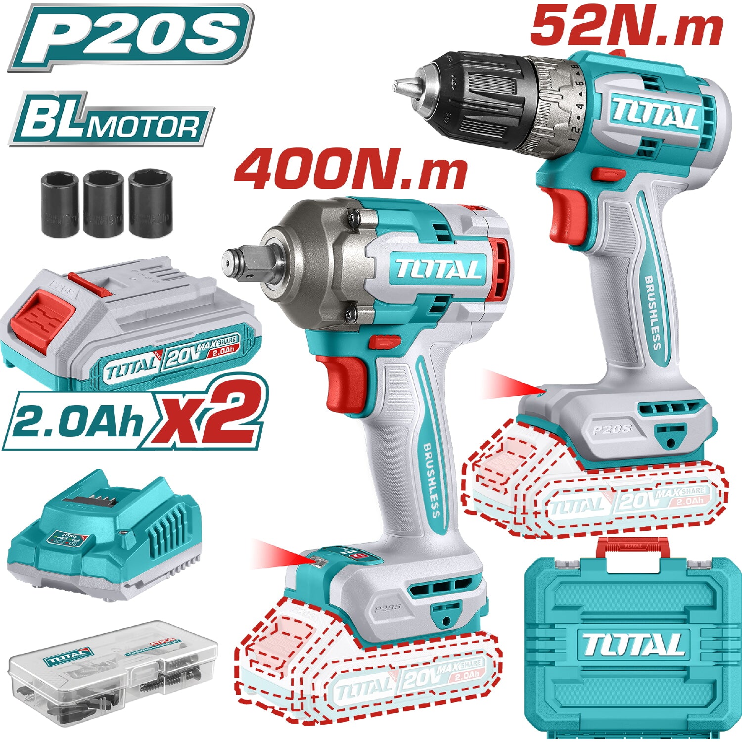 Combo del mes Total Taladro Inalámbrico sin escobillas 20V 52Nm. Llave de impacto 400Nm sin escobillas  Batería y Cargador. POCAS UNIDADES