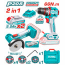 Combo Total Mini Amoladora 3” 19500rpm, Taladro sin Escobillas 66Nm 1/2” / 0-2000rpm. Incluye accesorios, batería y cargador.