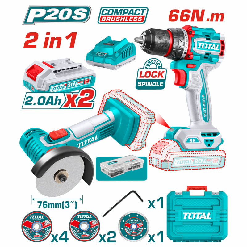 Combo Total Mini Amoladora 3” 19500rpm, Taladro sin Escobillas 66Nm 1/2” / 0-2000rpm. Incluye accesorios, batería y cargador.