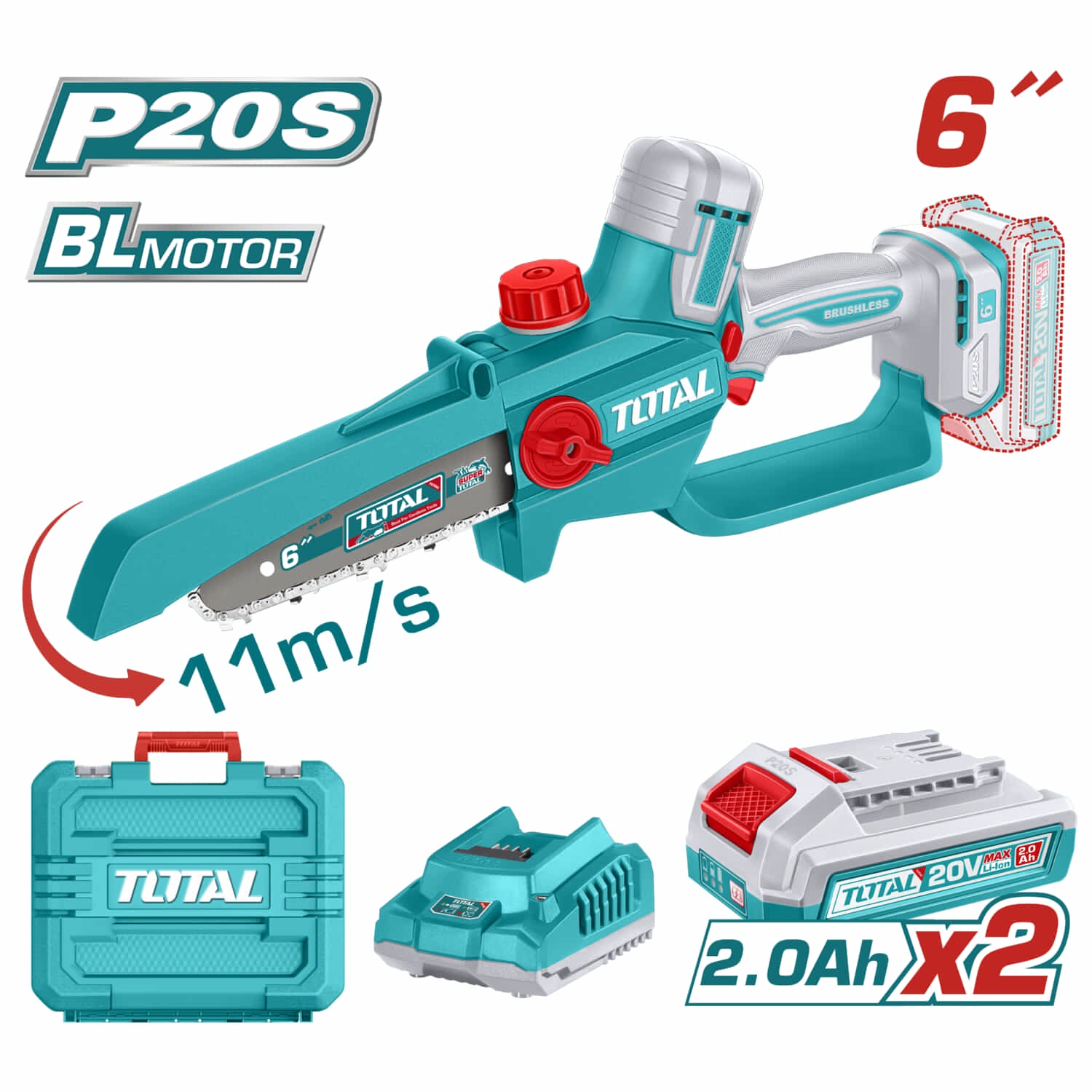 Motosierra 20V mini 6". Incluye batería y cargador. Motor sin escobillas.