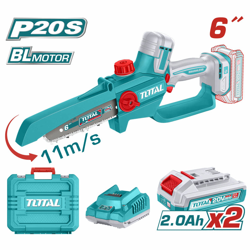 Motosierra 20V mini 6". Incluye batería y cargador. Motor sin escobillas.