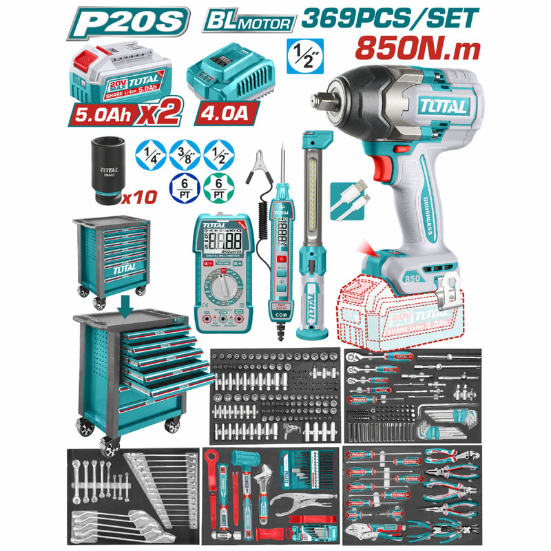Combo Total de Herramientas Manuales e Inalámbricas con Cofre Metálico de 7 Gavetas. (Set de 369 Piezas)