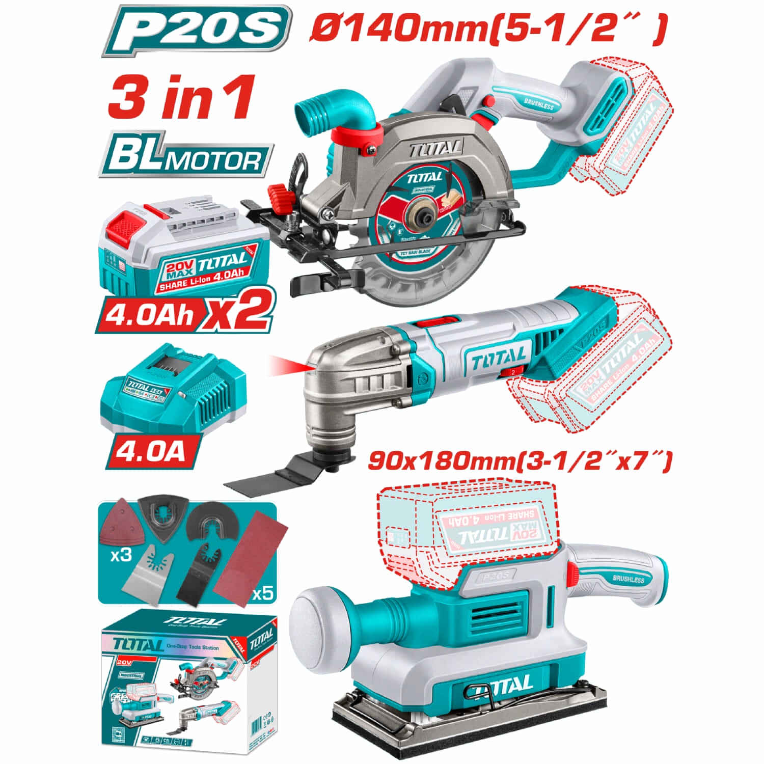 Combo del mes Total inalámbrico. Sierra circular 20V 140 mm (5 ½″) Mototool 5,000 – 20,000rpm, lijadora de hoja 90 x180 mm 13000 rpm. Incluye cargador y baterías. POCAS UNIDADES.