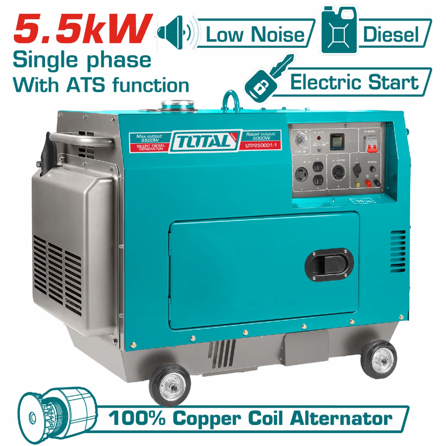 Generador Diésel Silencioso 5.5 kW Monofásico con ATS. Motor 9.0 HP. Velocidad nominal: 3600 rpm. Planta eléctrica.