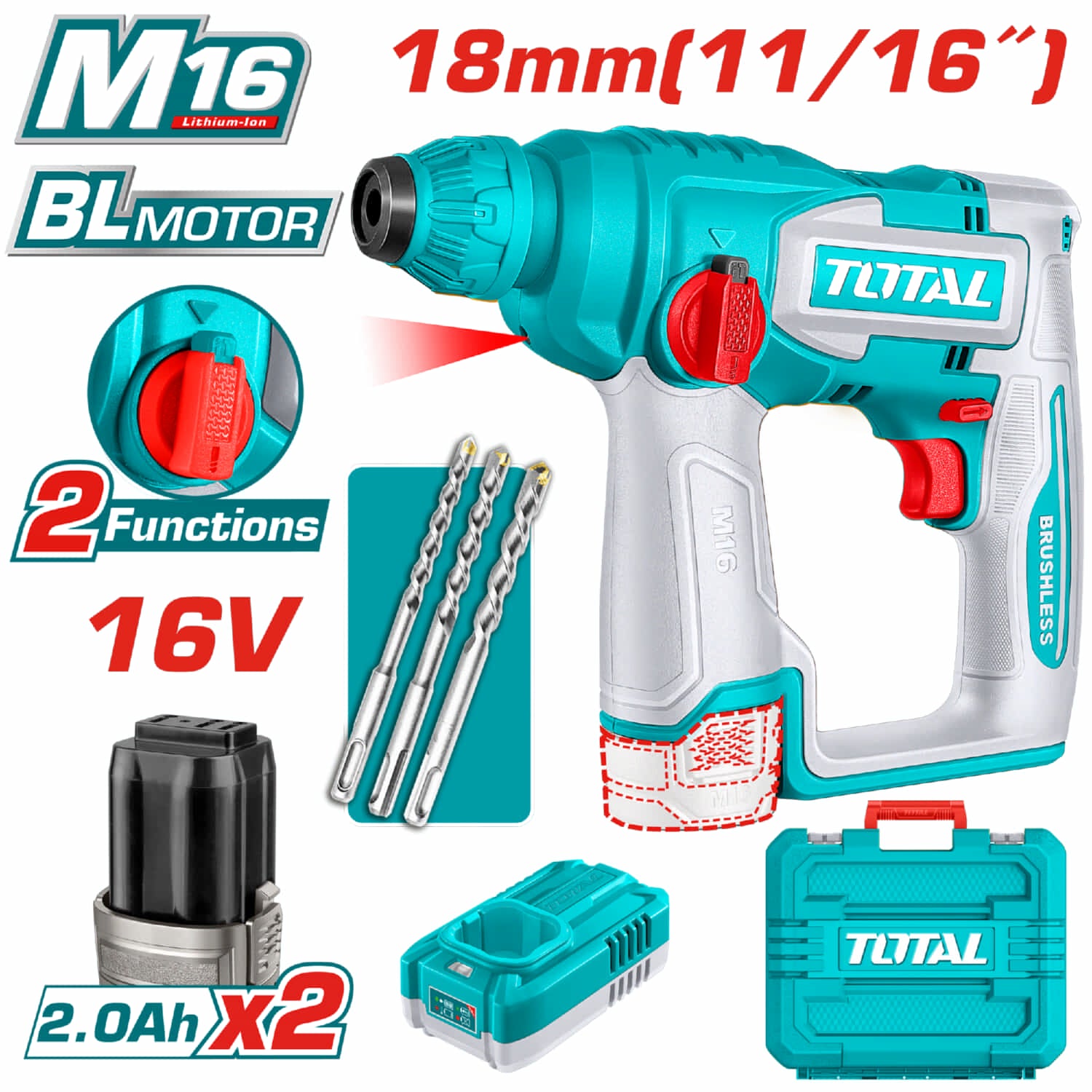 Taladro Rotomartillo inalámbrico 16V. Perforación en concreto:18mm. Incluye batería y cargador.