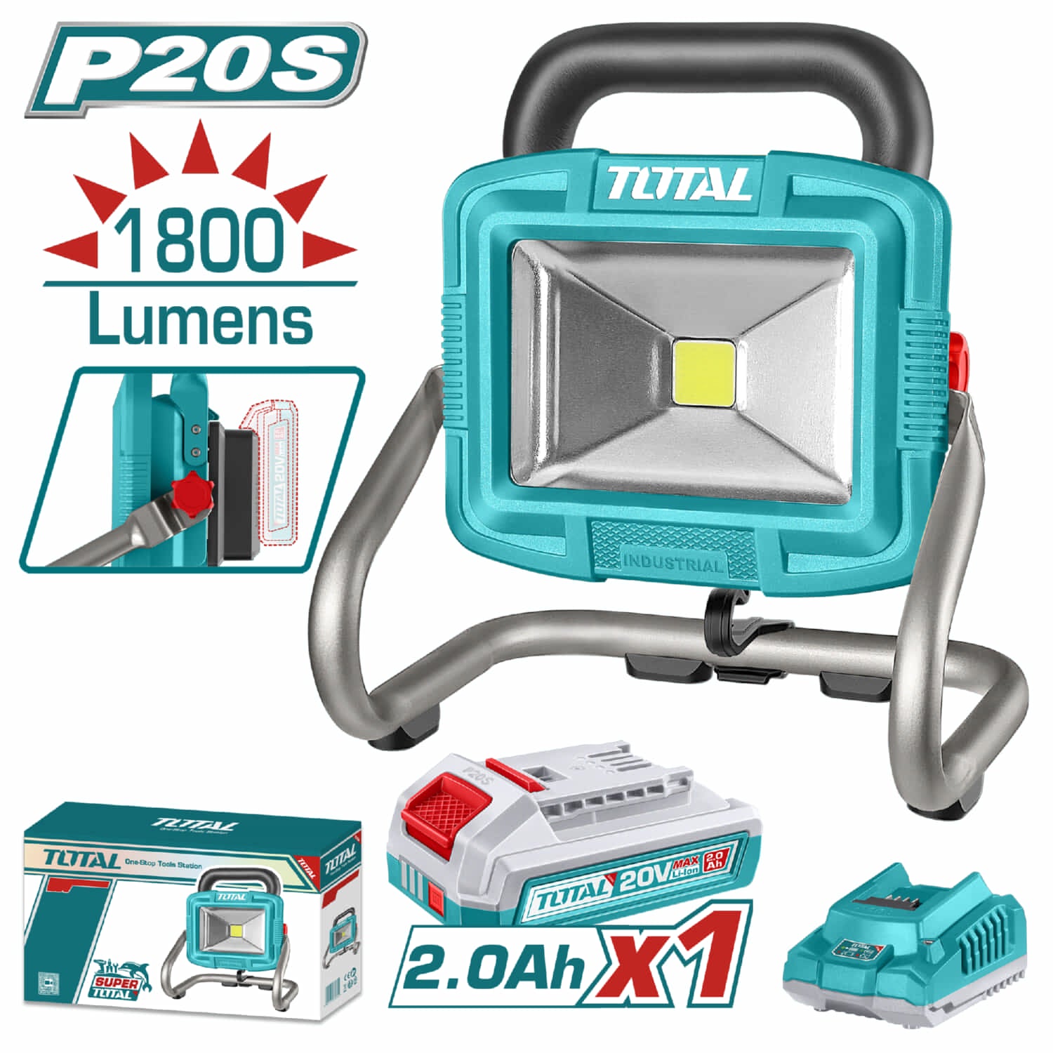 Lámpara de trabajo 20V inalámbrica de iones de litio. 1800 lumen. Incluye batería y cargador.
