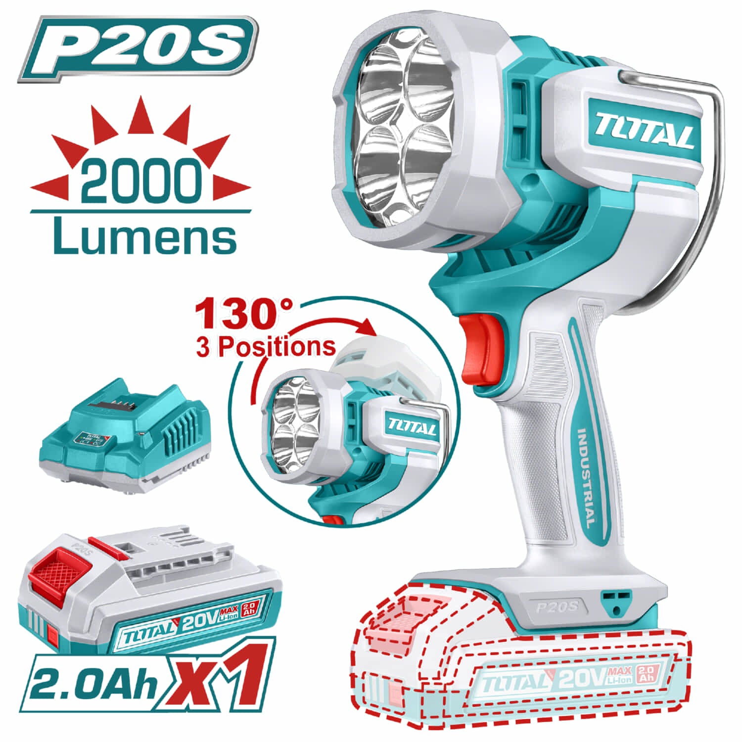 Lámpara De Trabajo Inalámbrica 20V. 2000 Lumens. Cabeza giratoria de 130°. Incluye batería y cargador. Linterna.