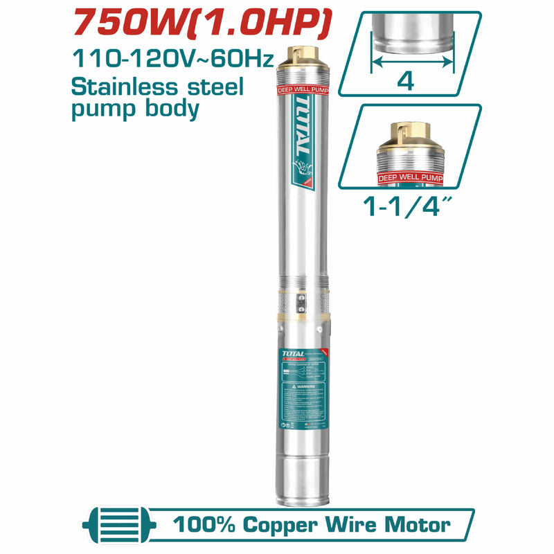 Bomba de Pozo Profundo 4" 750W. Acero Inoxidable 1.0HP. Altura 82m. Cable 20m. Sin Caja de Control.