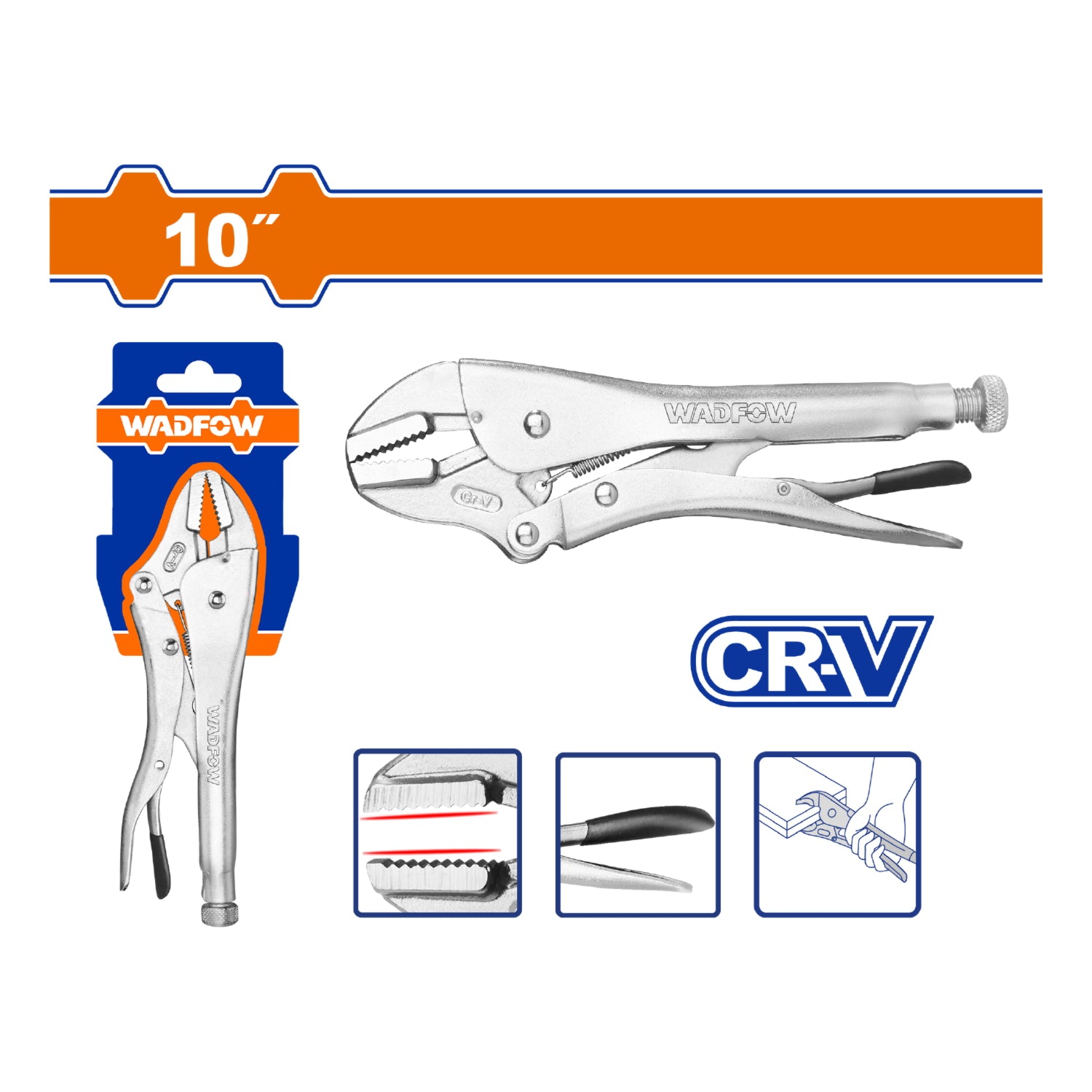 Alicate de presión 10" mandibula recta. Rango: 0-43mm. HRC52º-HRC60º Cr-V Niquelado. Pinza.