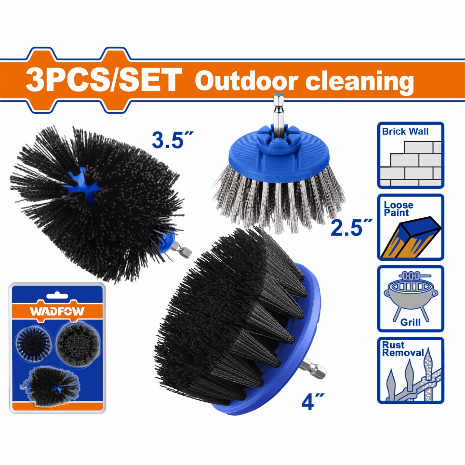 Cepillos para limpieza y Vástago Hex 1/4"  Ideal para ladrillo, pintura, óxido y limpieza profunda. Set 3 pzas.