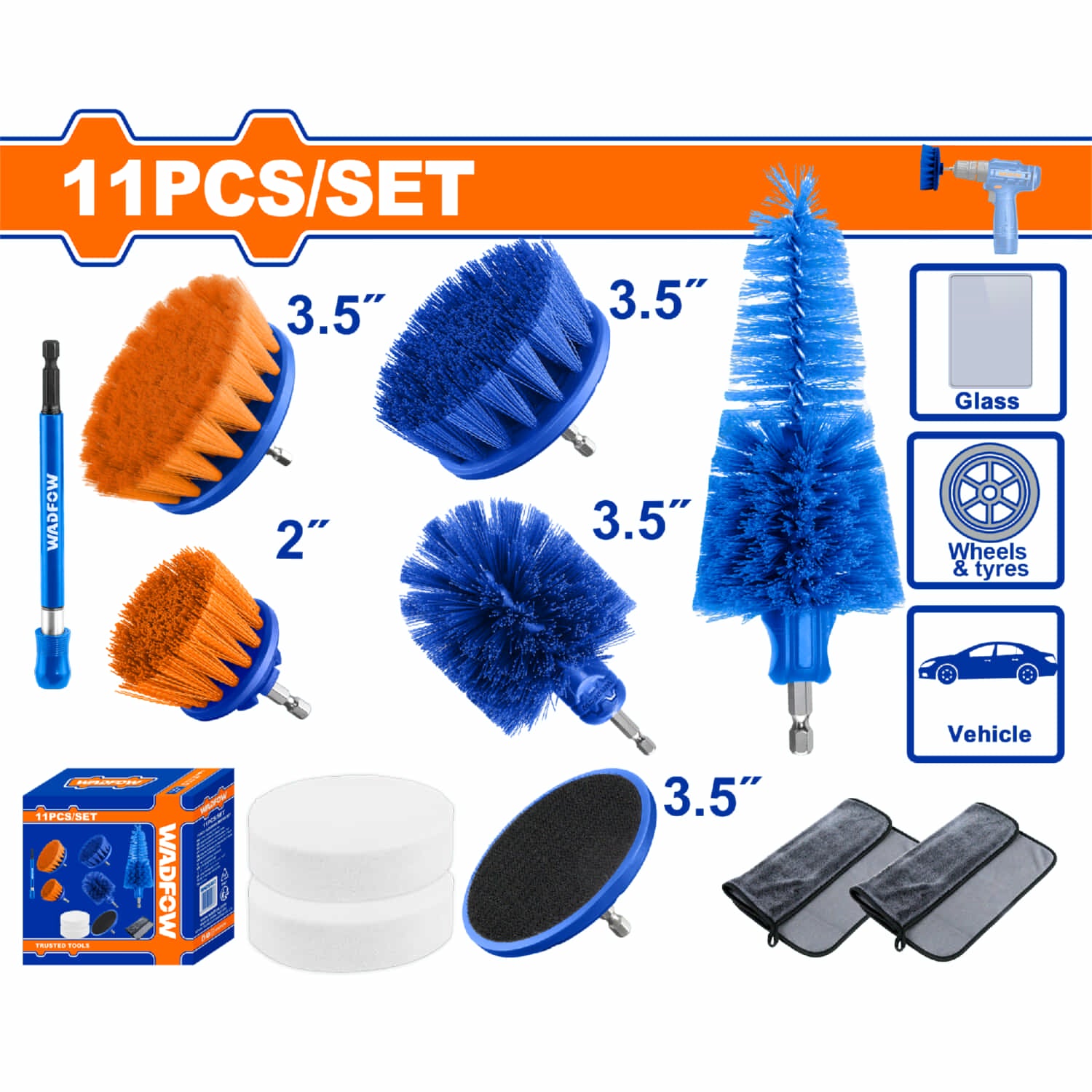Cepillos de Limpieza y Pulimiento para Autos. Incluye:Cepillos, Esponjas y Toallas. Set 11 pzas.