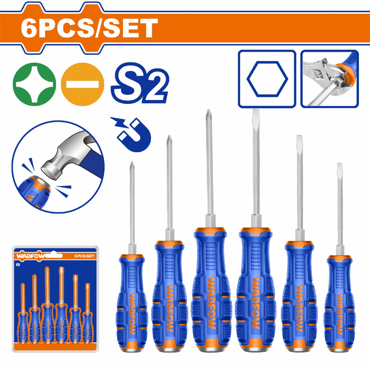 Destornilladores de punta pasante S2 Vástago Hexagonal Magnéticos (Phillips y Punta Plana) Set 6 pzas.