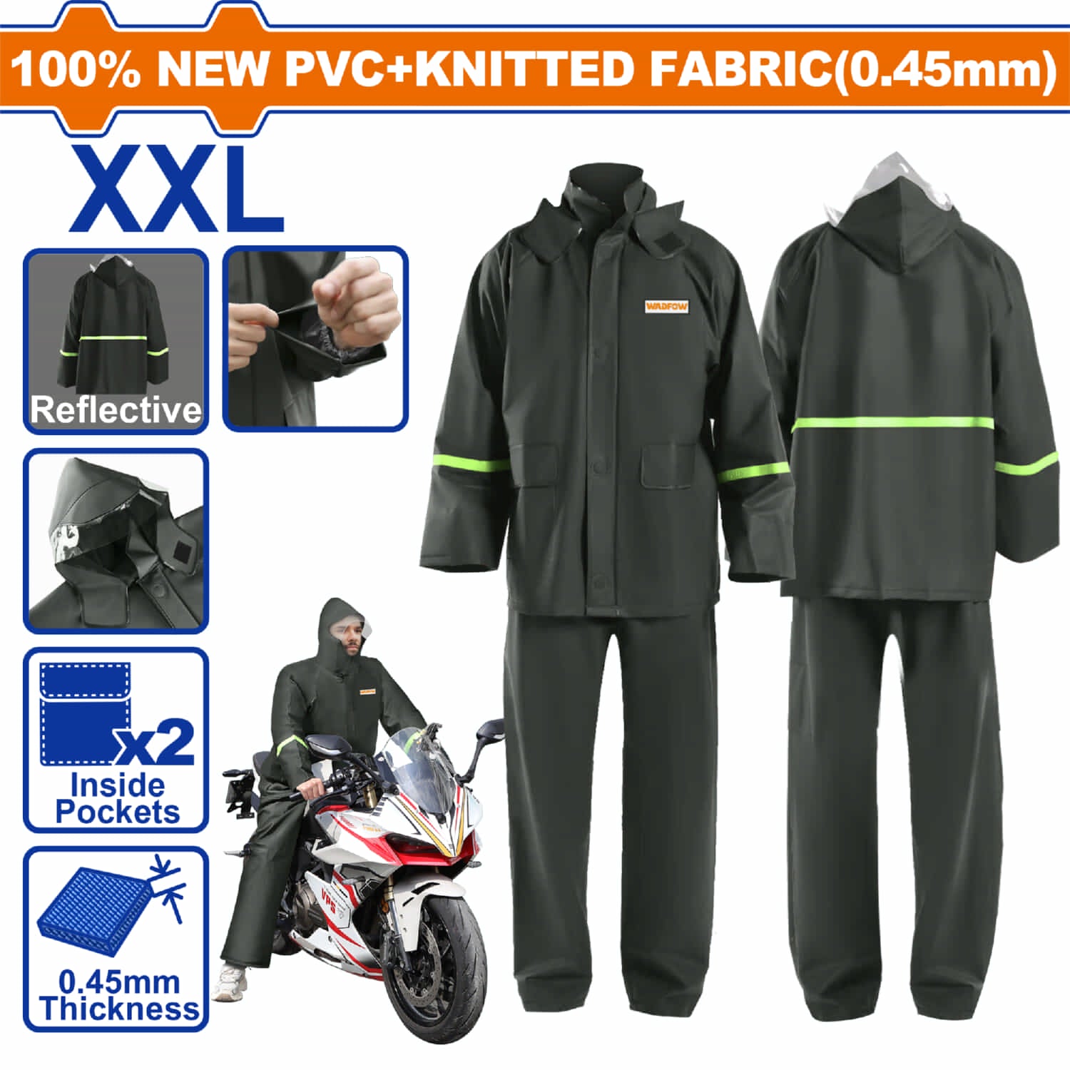Jacket y Pantalon Impermeable  Lluvia Motorizado Talla XXL PVC 0.45mm con Cinta Reflectiva y Ventilación Transpirable Color Negro