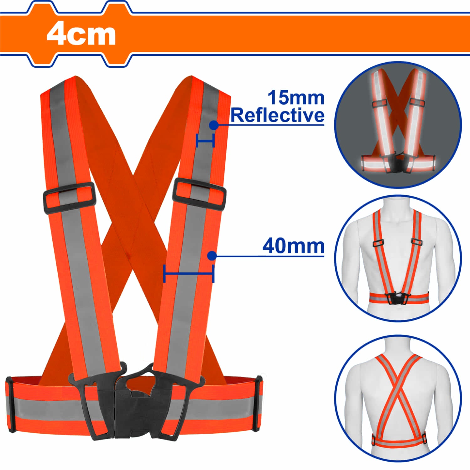 Cinta Reflectiva De Seguridad 4cm Naranja Fluorescente. Alta Visibilidad. Hebillas Ajustables.
