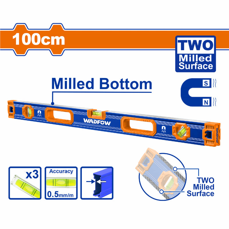 Nivel de Burbuja Magnético 100cm fresado doble cara Grosor 1.5mm 4 imanes. Superficie plana. 3 viales. Nivelador.