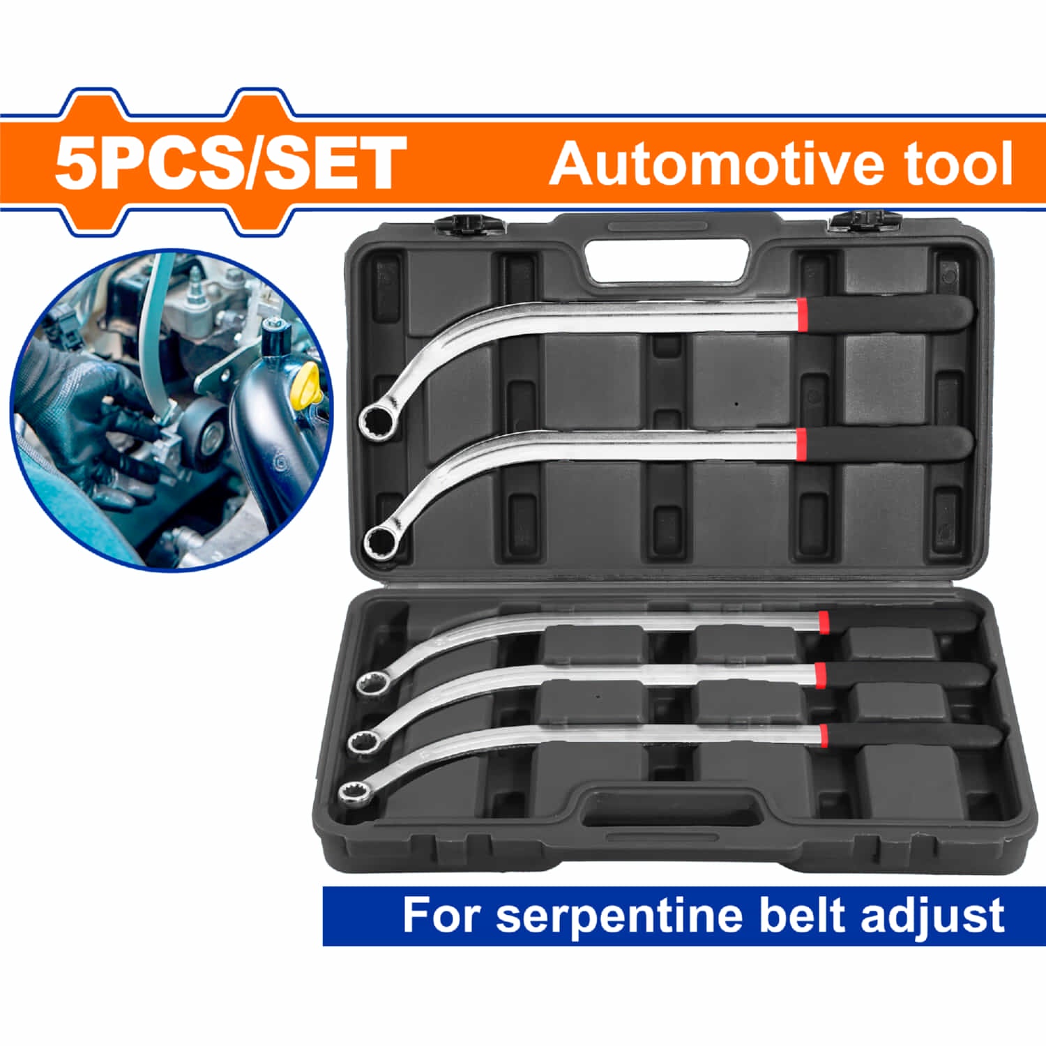 Llaves Curvadas para Correa Poly-V 13-19mm Acero al carbono. Ideal para desmontaje y montaje. Set 5 pzas