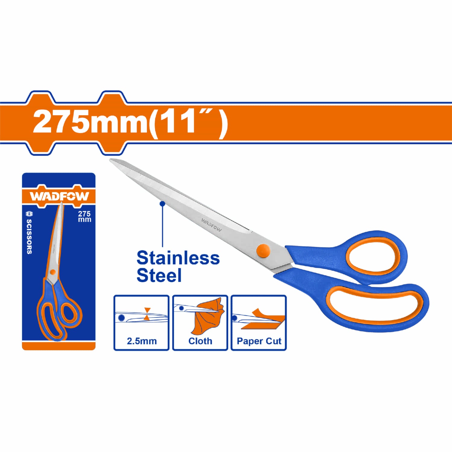 Tijera de 275mm (11") de Acero Inoxidable. Ancho de la Hojilla: 2.5mm Mango cómodo. Ideal para cortar tela y papel.