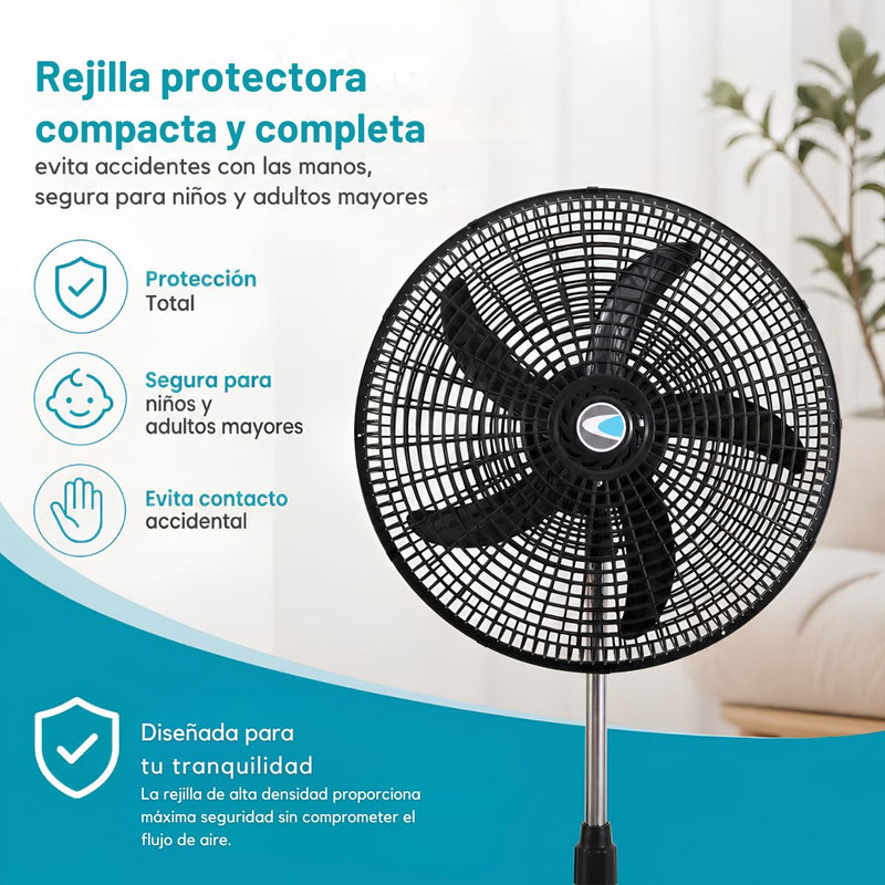 Abanico de Pedestal 18" Negro 110V 50-60W con 3 Velocidades. Ventilador Altura Ajustable 57-127cm con Aspas de Plástico, Motor de Aluminio y Base de Hierro