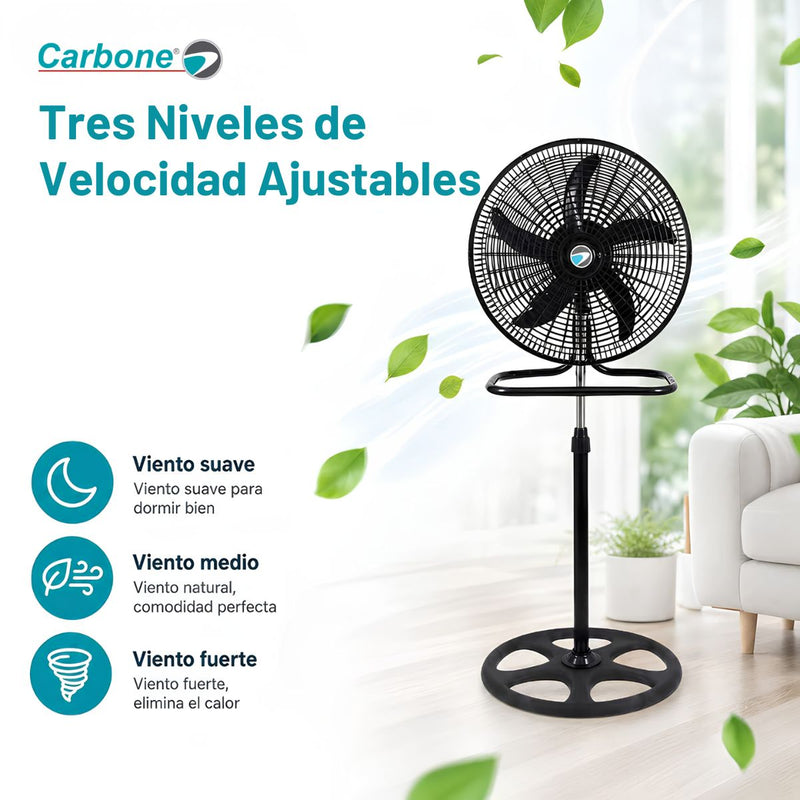 Abanico 3 en 1 de Pedestal 18" Negro 110V 50-60W con 3 Velocidades e Interruptor Desmontable. Ventilador Altura Ajustable 57-127 cm
