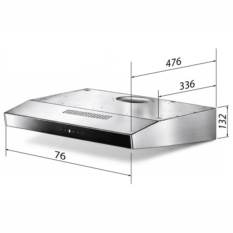 Campana Extractora SLIM Touchless 76 cm cuerpo Inoxidable satinado con frente de vidrio negro. 80Watts Filtro deflector (Baffle) 110V