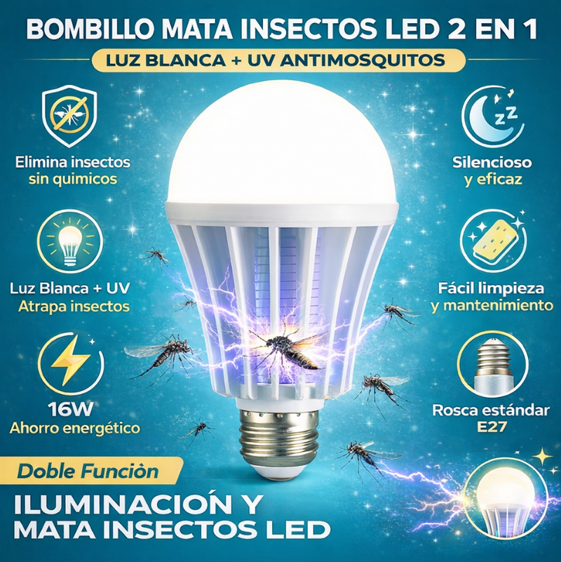 Foco Mata Mosquitos. Lámpara Antimosquitos LED 16W Con Luz blanca y Ultravioleta. Bombillo Mata Insectos. Luz Nocturna Repelente.