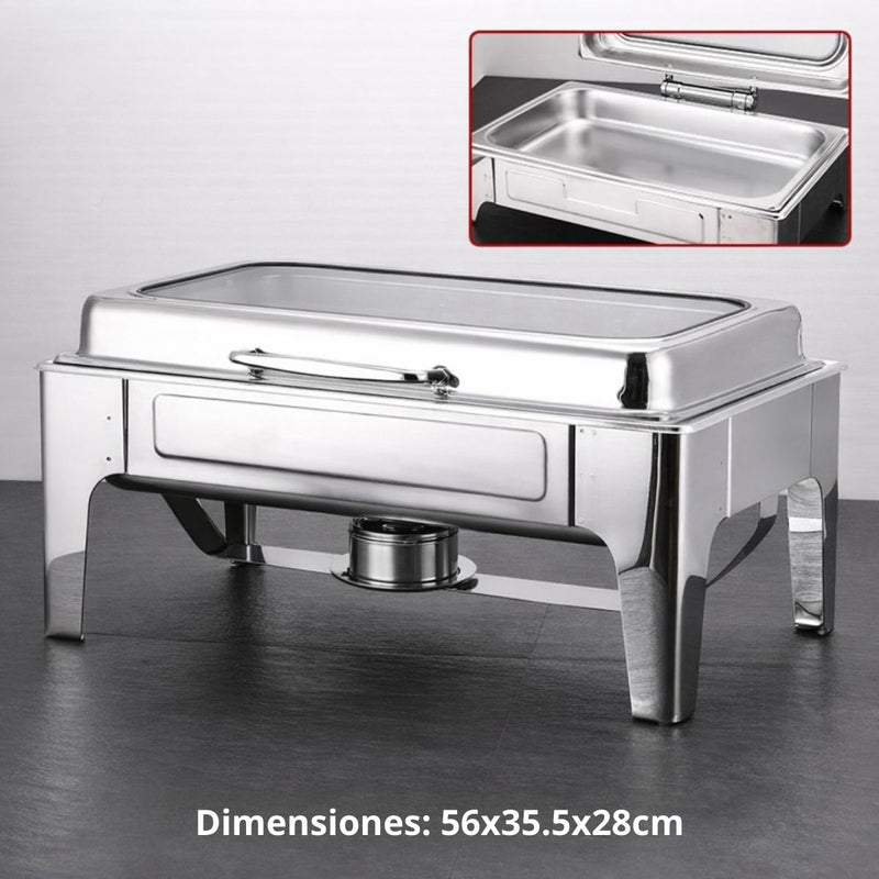 Chafing Dish Rectangular De Acero Inoxidable Con Tapa hidraulica cierre suave De Vidrio 22x14x11" De 1 Compartimiento Calentamiento Por Alcohol Para Hoteles, Restaurantes, Buffets, Catering.