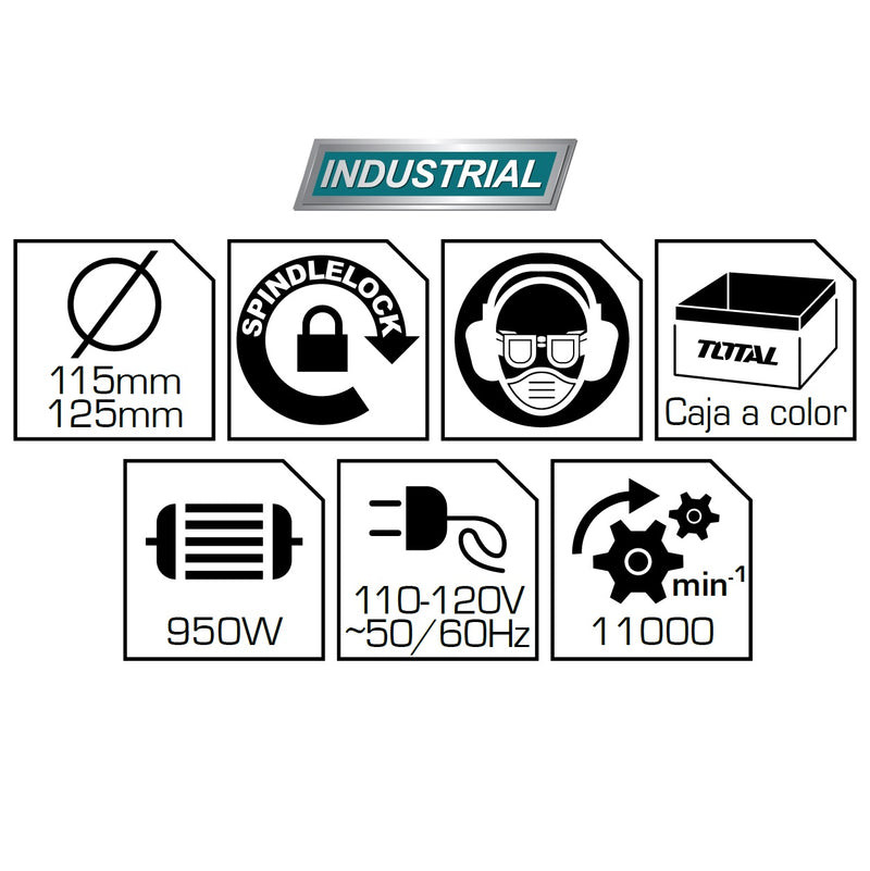 Lijadora angular  4 1/2" Total 110V-120V~60Hz 950W. 5/8"-11 UNC , 11000 rpm.