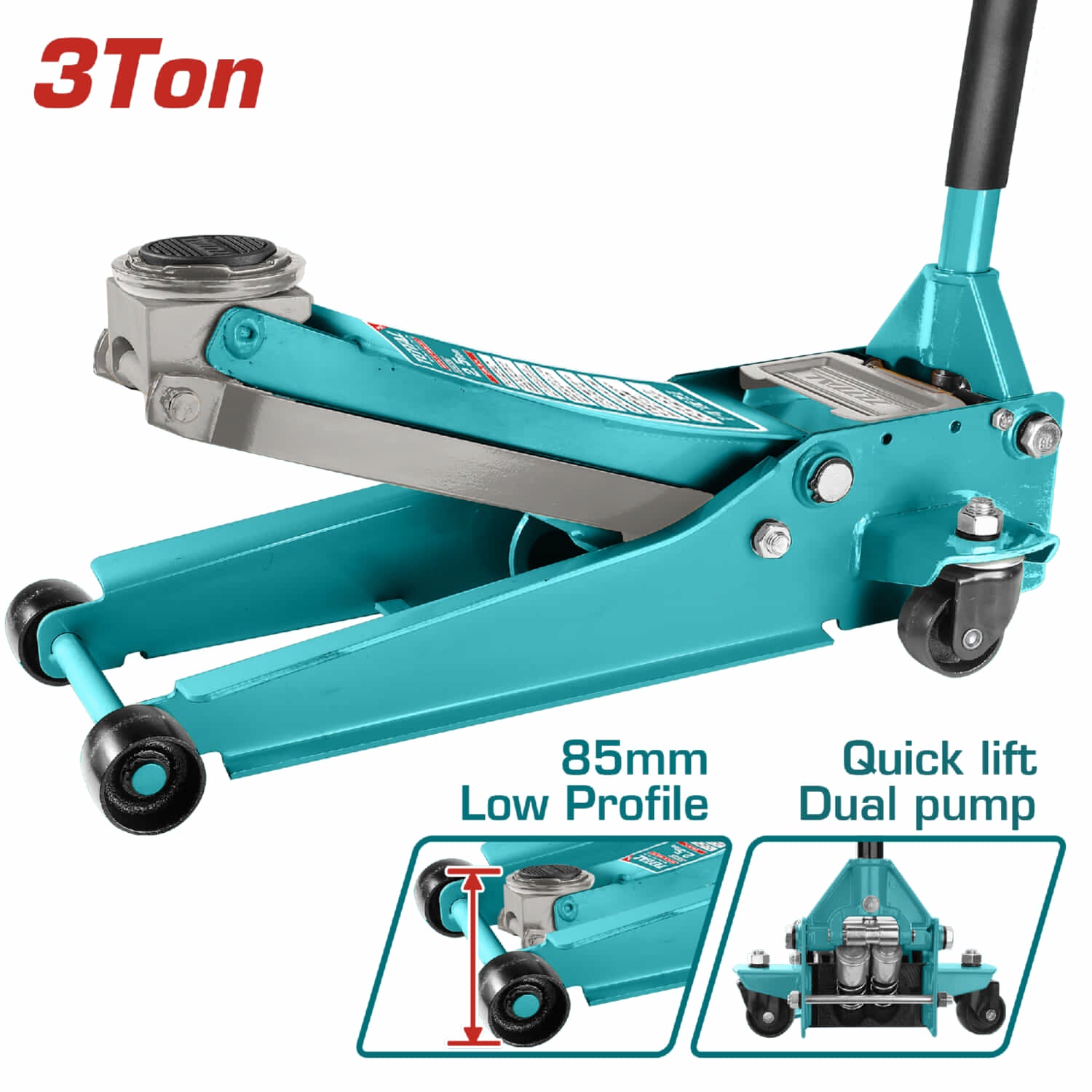 Gato hidráulico largo estilo patín de bajo perfil con bomba doble para levantamiento rápido.