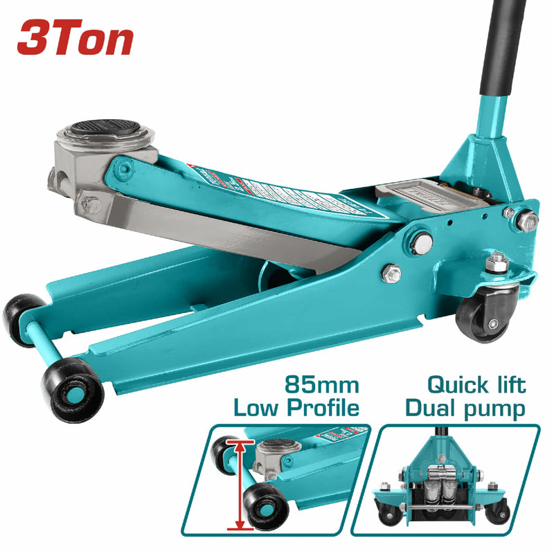 Gato hidráulico largo estilo patín de bajo perfil con bomba doble para levantamiento rápido.