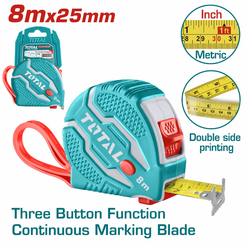 Cinta metrica y pulgada 8 mts x 25 mm. Alta calidad.