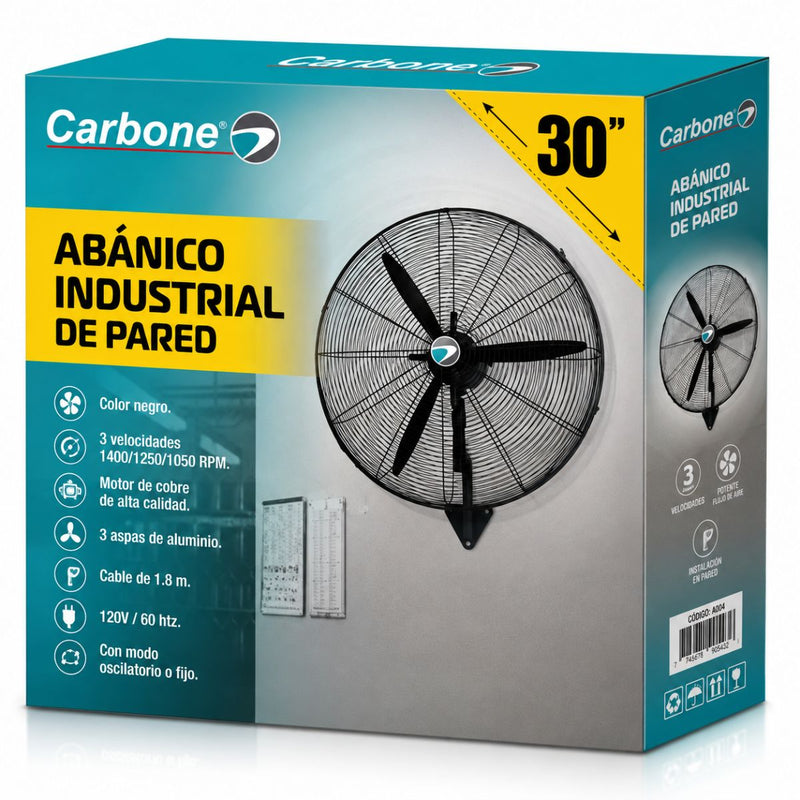Abanico industrial 30" 180w de pared. Color negro. 3 velocidades 1400/1250/1050 R
