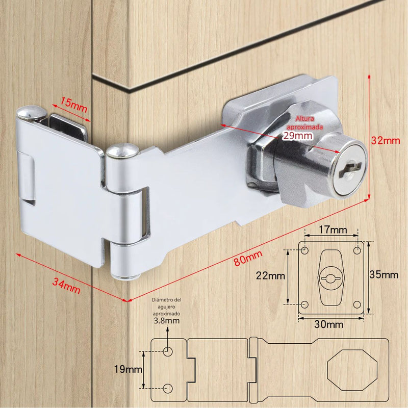 Cerrojo con Cerradura y Llave para Puertas y Cajones.  Cerradura de gabinete de doble bisagra.tipo aldaba