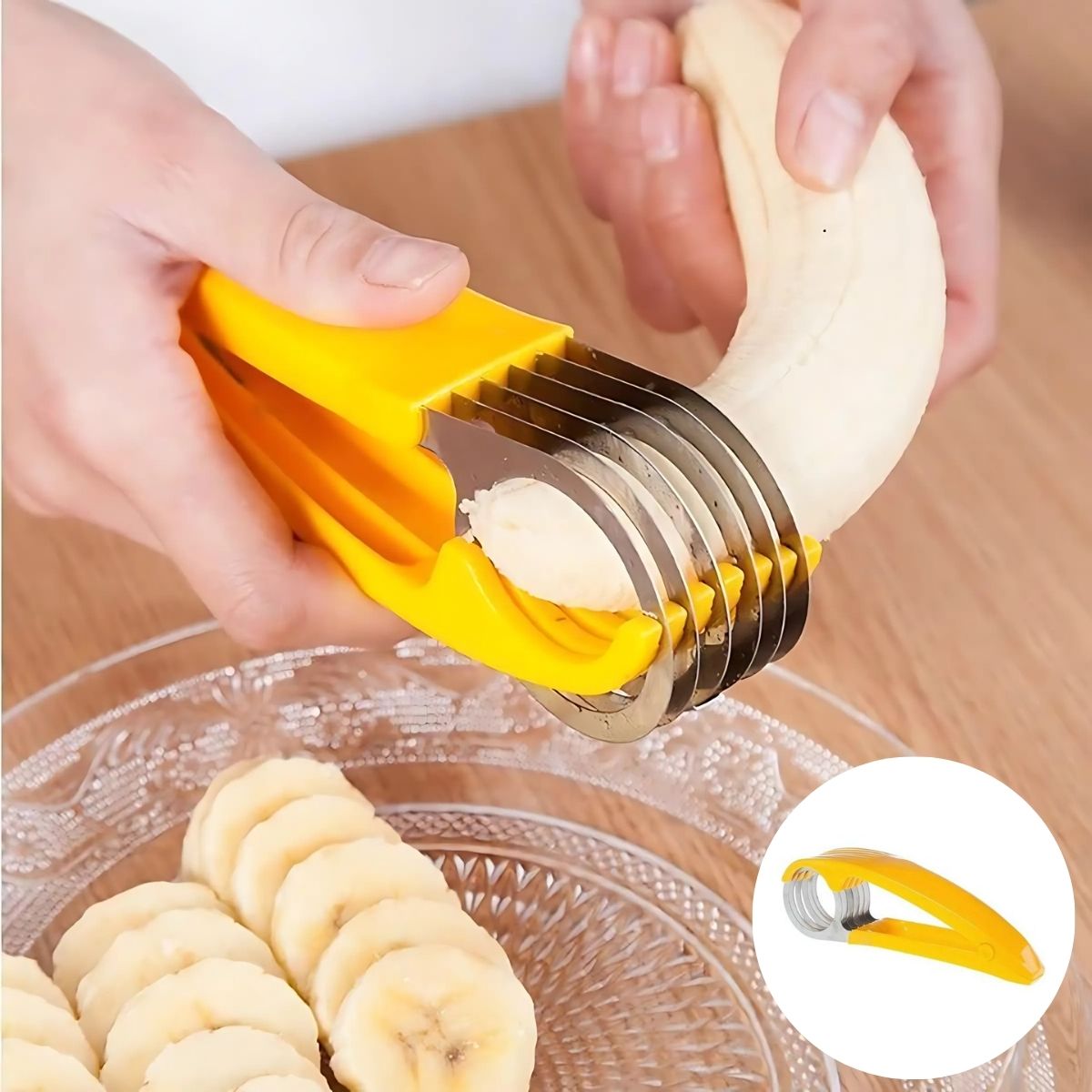 Rebanador Cortador manual de banana, pepinos Frutas y Verduras. Color amarillo.