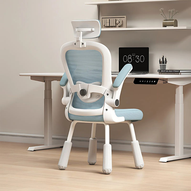 Silla de escritorio de 4 patas, Asiento reclinable ergonómico, cómoda silla de computadora, color blanco y azul para escritorio