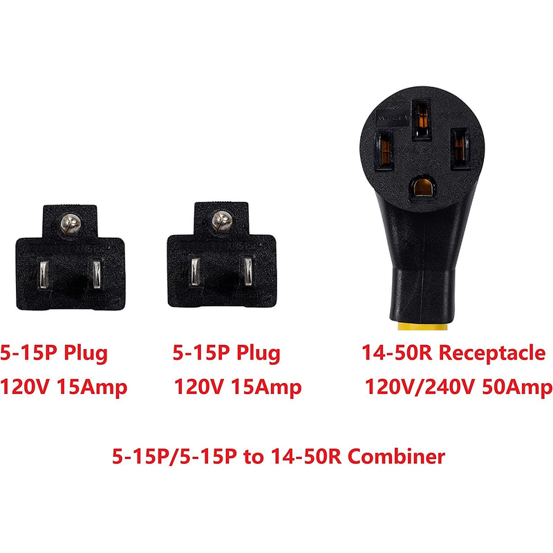 Adaptador eléctrico 2 puertos 5-15P 120V 15 amp a 14-50R 120/240V 30 Amp