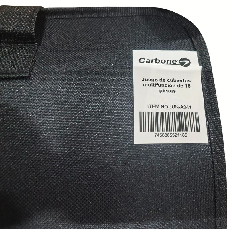 Cubiertos para  BBQ Camping al Aire Libre de acero inoxidable con estuche portátil de tela. Set de 18 piezas. Kit de Accesorios para BBQ Parrillada.