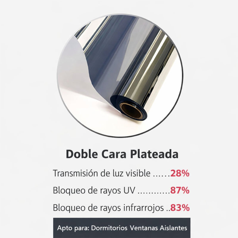 Papel Ahumado Tipo Espejo para Ventanas. Película Solar Reflectiva Aislante Térmica (120cmx3m). Efecto espejo de noche.Transmisión de Luz 28%.