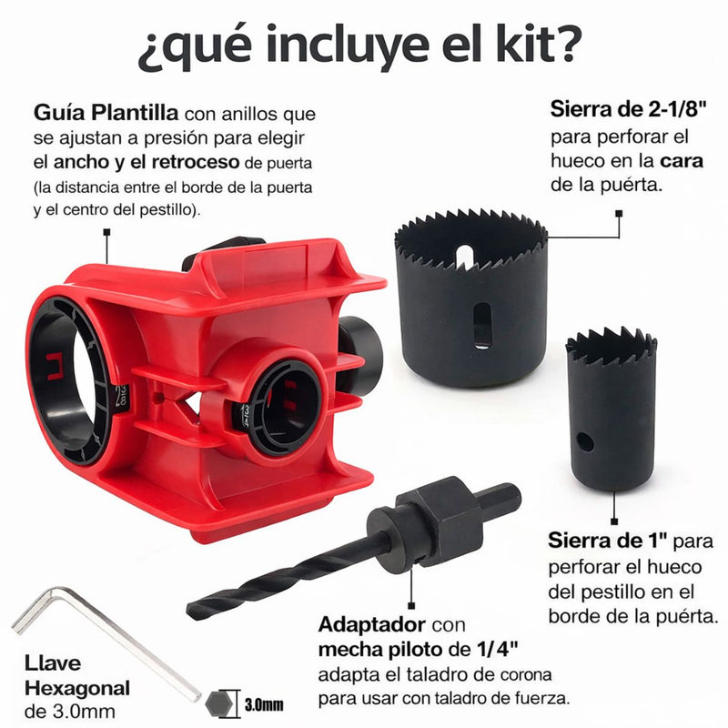 Kit de Instalación de Cerraduras para Puertas de Madera plantlla 35-45mm de espesor (1-3/8" y 1-3/4") con Guía de Perforación Ajustable y Sierra Copa Incluida. Rojo