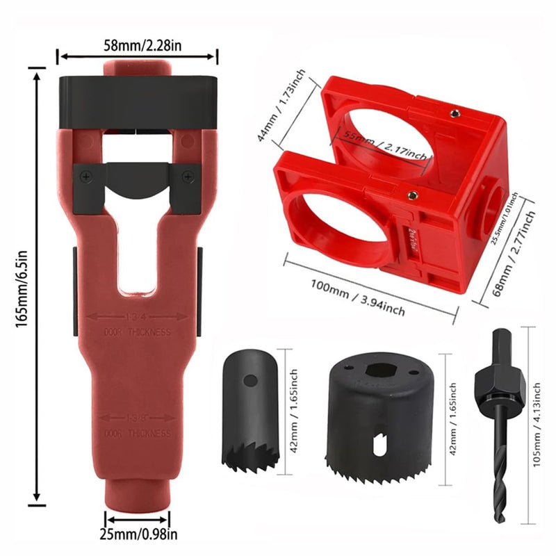 Kit de Instalación de Cerraduras para Puertas de Madera plantlla 35-45mm de espesor (1-3/8" y 1-3/4") con Guía de Perforación Ajustable y Sierra Copa Incluida. Rojo