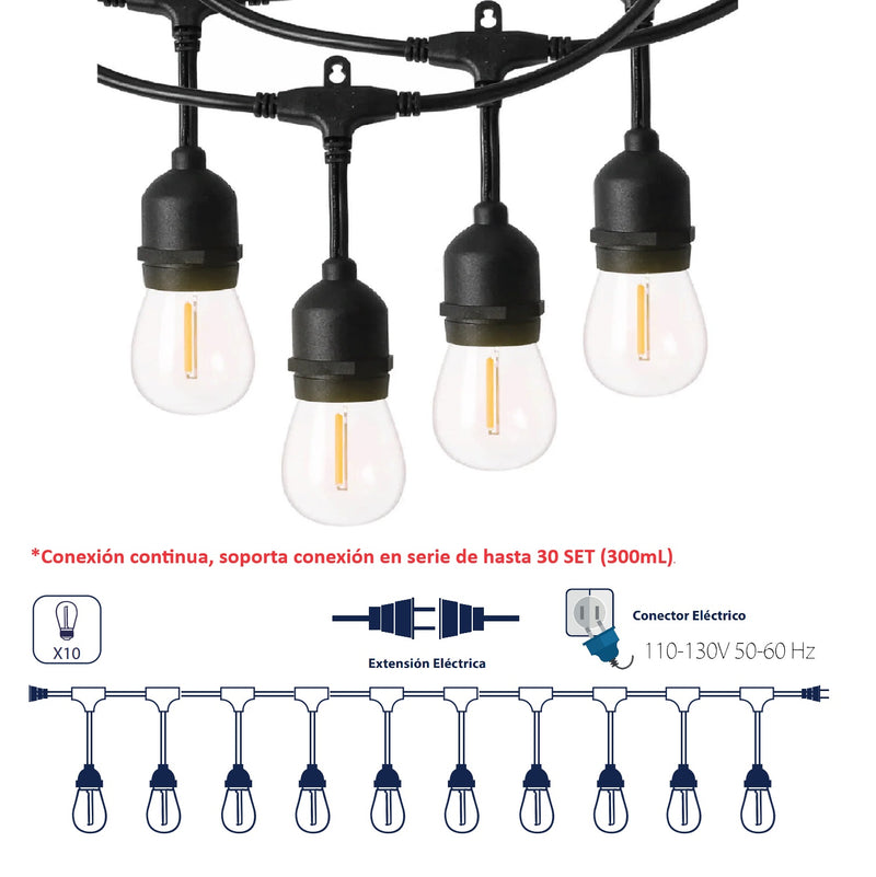 Guirnalda LED luces 10M 27K 110V Exterior Interior Focos E27. Conexión continua hasta 30 SET (300mL)