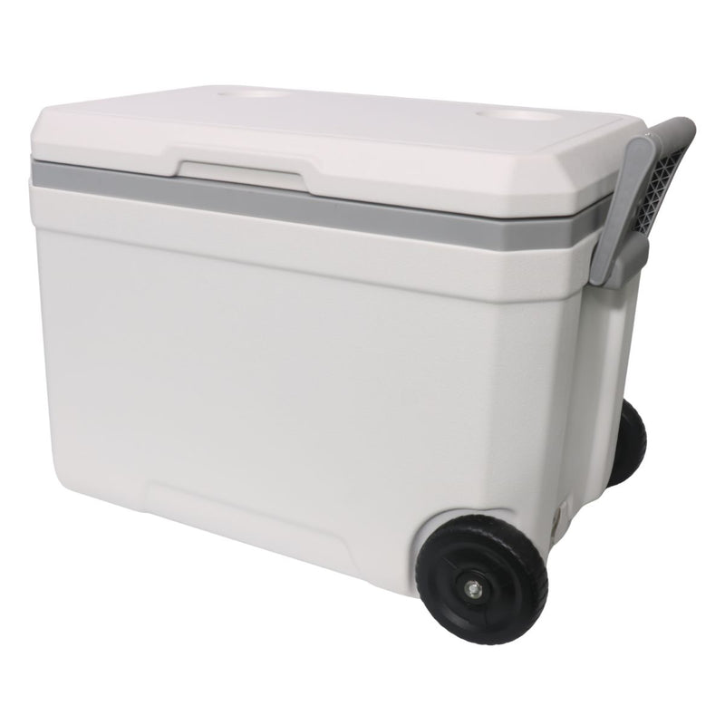 Hielera portátil 45L con ruedas y asas. Color Blanco.  Enfriador rígido 57.8x38x41 cm para camping, playa y picnic. Cooler