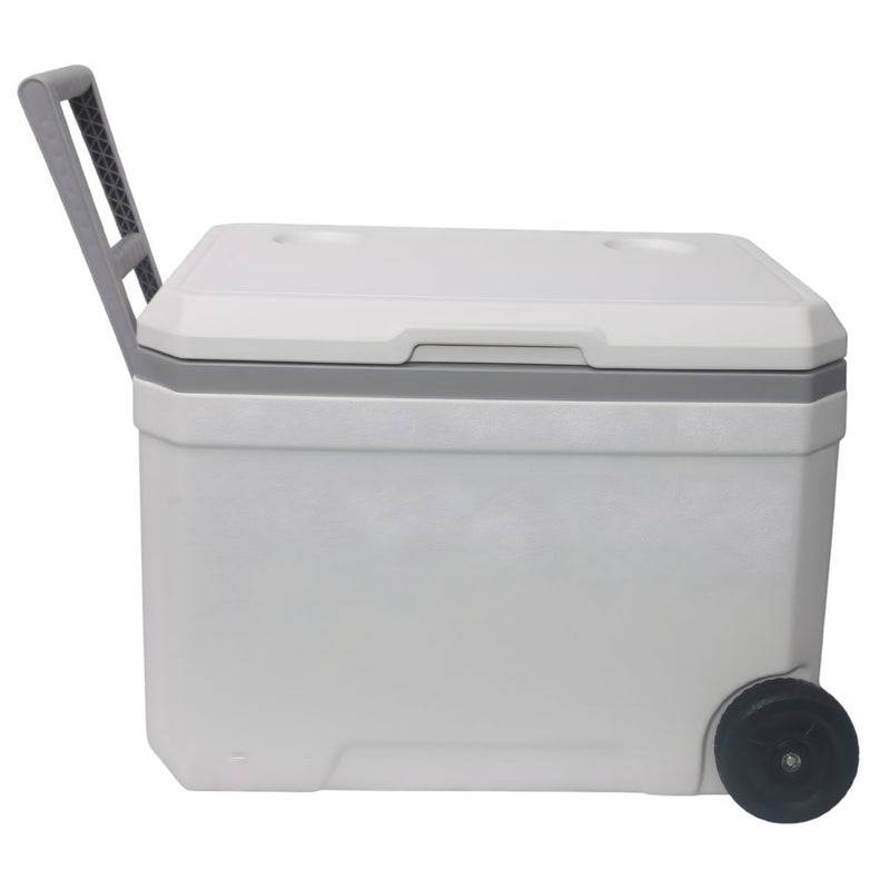 Hielera portátil 45L con ruedas y asas. Color Blanco.  Enfriador rígido 57.8x38x41 cm para camping, playa y picnic. Cooler
