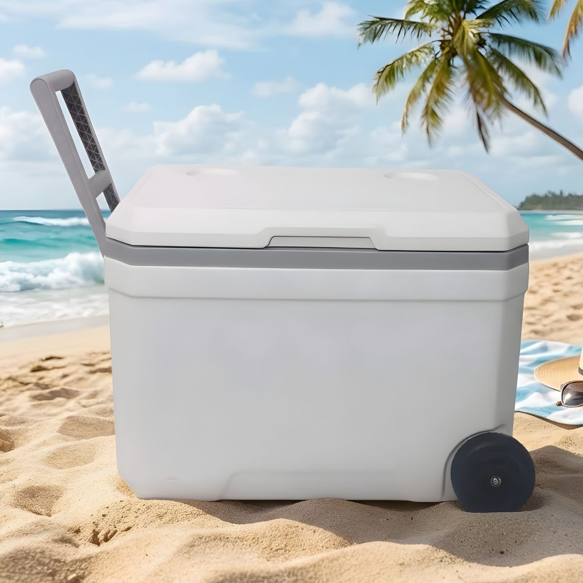 Hielera portátil 45L con ruedas y asas. Color Blanco.  Enfriador rígido 57.8x38x41 cm para camping, playa y picnic. Cooler