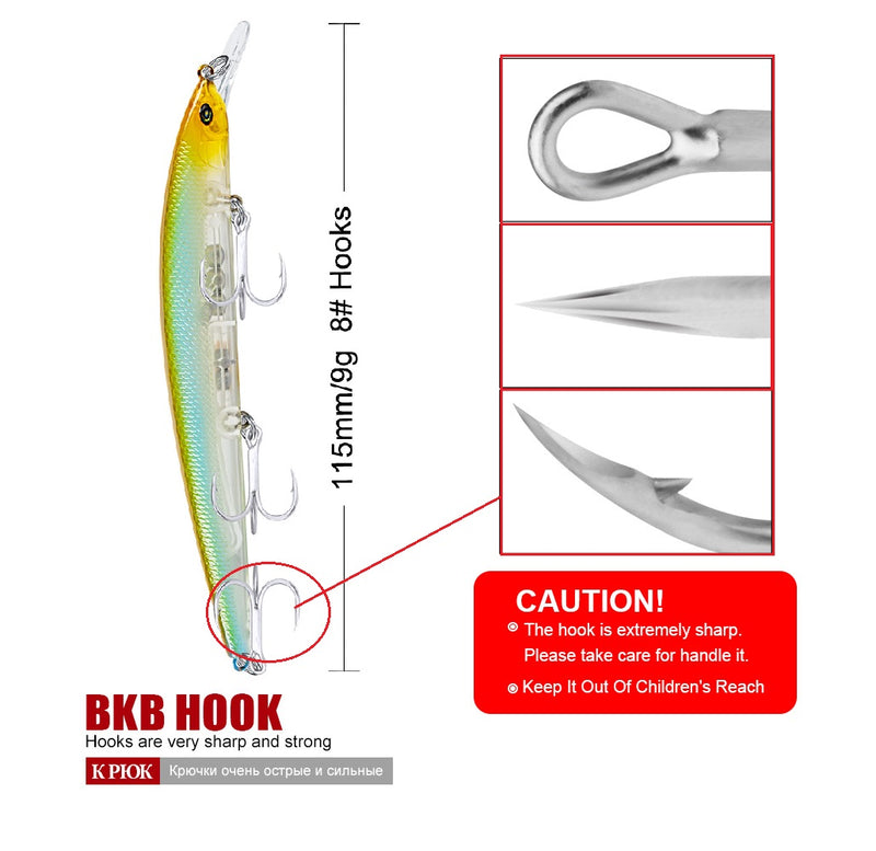 Señuelo Minnow 115mm 3 anzuelos triples. Color verde y amarillo