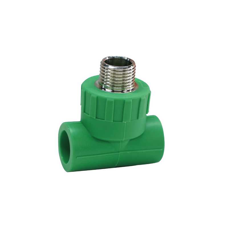 Tee PPR 1/2" con Rosca Central Macho e Inserto de Acero Inoxidable. Conector Termofusión para Agua.
