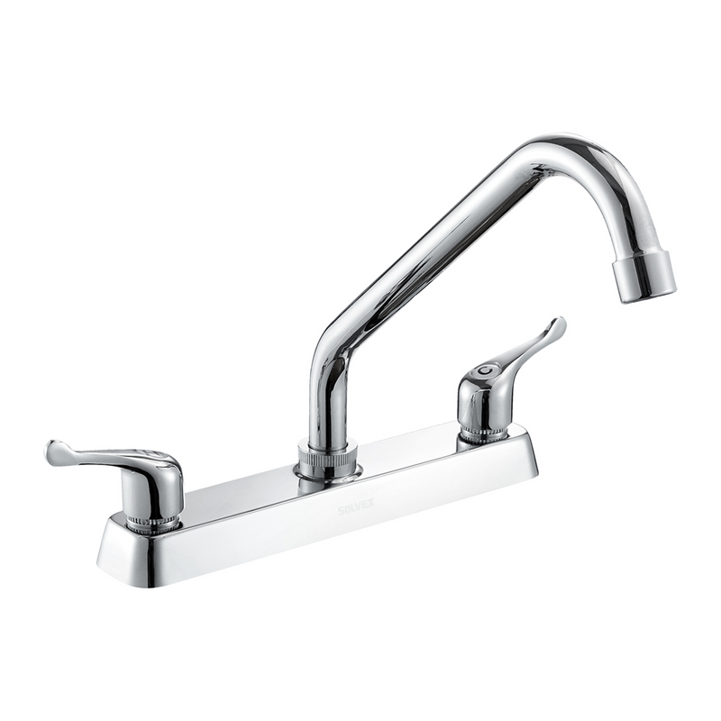 Llave Mezcladora 8" para fregador de Cocina. Grifo de Latón con Manerales de Palanca y Pluma Giratoria.